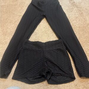 Black Textured Leggings and Shorts Set